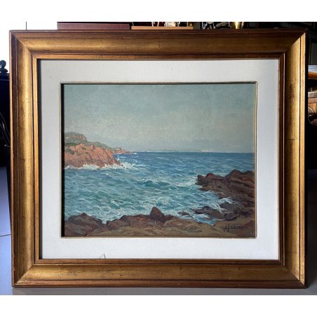 ANTICO DIPINTO OLIO TAVOLA Gigi Comolli PAESAGGIO MARINO MARINA SCOGLI  '900