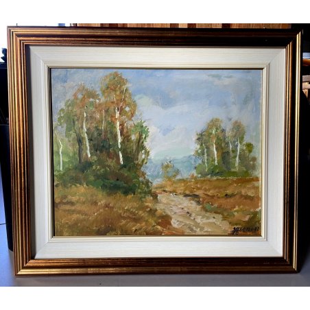 ANTICO DIPINTO OLIO TAVOLA Gigi Comolli PAESAGGIO BRUGHIERA BETULLE '900