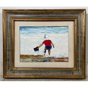 QUADRO OLIO Mario Berrino PAESAGGIO MARINO FIGURA BIMBO SPIAGGIA MARE RITRATTO