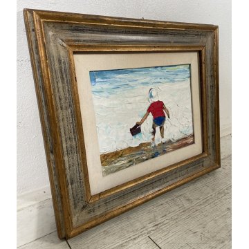 QUADRO OLIO Mario Berrino PAESAGGIO MARINO FIGURA BIMBO SPIAGGIA MARE RITRATTO