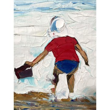 QUADRO OLIO Mario Berrino PAESAGGIO MARINO FIGURA BIMBO SPIAGGIA MARE RITRATTO