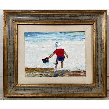 QUADRO OLIO Mario Berrino PAESAGGIO MARINO FIGURA BIMBO SPIAGGIA MARE RITRATTO