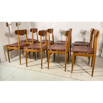 SET 8 SEDIA DESIGN VINTAGE LEGNO SKY BORDEAUX/ROSA ANNI 60/70 SALOTTO 8 CHAIRS