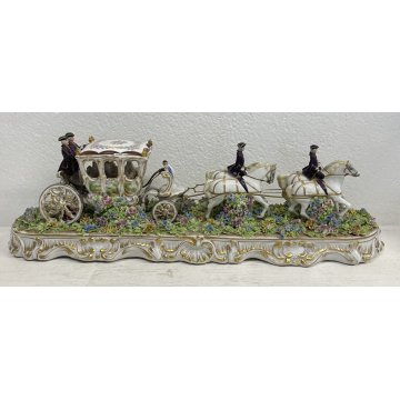 GRANDE CERAMICA CAPODIMONTE LUIGI FABRIS CARROZZA CAVALLI FIRMATA ANNI '40 HORSE
