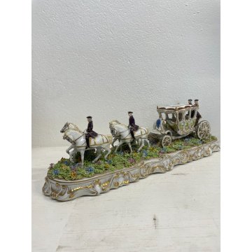 GRANDE CERAMICA CAPODIMONTE LUIGI FABRIS CARROZZA CAVALLI FIRMATA ANNI '40 HORSE