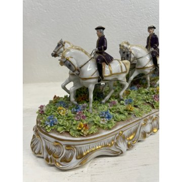 GRANDE CERAMICA CAPODIMONTE LUIGI FABRIS CARROZZA CAVALLI FIRMATA ANNI '40 HORSE