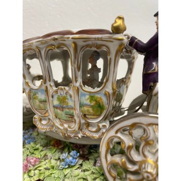 GRANDE CERAMICA CAPODIMONTE LUIGI FABRIS CARROZZA CAVALLI FIRMATA ANNI '40 HORSE