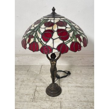 LAMPADA TIFFANY DONNA OTTONE 58 cm PRIMI 900 ROSE SCRIVANIA TABLE LAMP FIORI RED