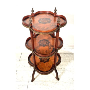ANTICO SERVOMUTO INTARSIATO ETAGERE SCAFFALE TRESPOLO epoca '900 LEGNO BRONZO