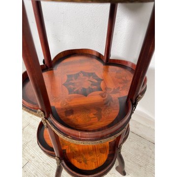 ANTICO SERVOMUTO INTARSIATO ETAGERE SCAFFALE TRESPOLO epoca '900 LEGNO BRONZO