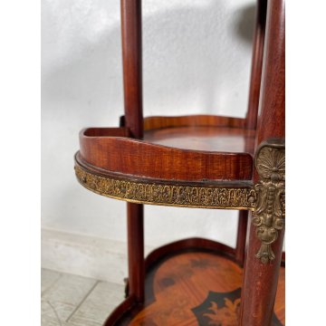 ANTICO SERVOMUTO INTARSIATO ETAGERE SCAFFALE TRESPOLO epoca '900 LEGNO BRONZO