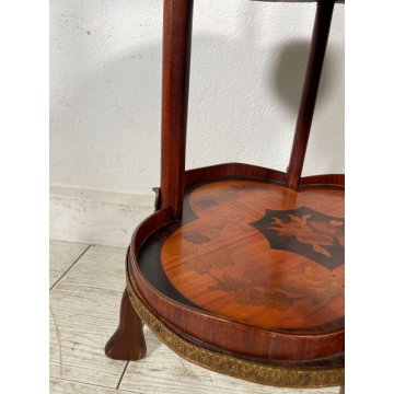 ANTICO SERVOMUTO INTARSIATO ETAGERE SCAFFALE TRESPOLO epoca '900 LEGNO BRONZO