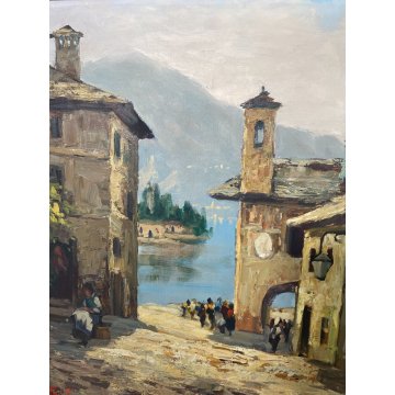 ANTICO QUADRO DIPINTO OLIO TELA Pino Pessina Da Castanedo PAESAGGIO LAGO D'ORTA