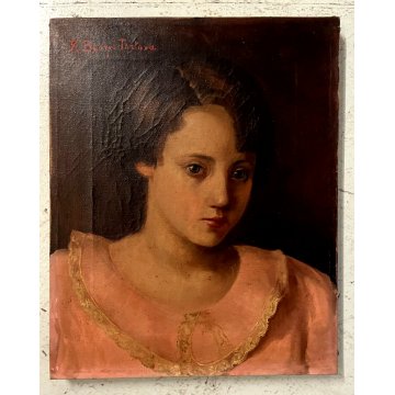 ANTICO DIPINTO OLIO TELA R. Burzio Tartara RITRATTO GIOVANE DONNA FANCIULLA '800