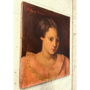 ANTICO DIPINTO OLIO TELA R. Burzio Tartara RITRATTO GIOVANE DONNA FANCIULLA '800