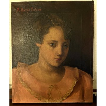 ANTICO DIPINTO OLIO TELA R. Burzio Tartara RITRATTO GIOVANE DONNA FANCIULLA '800
