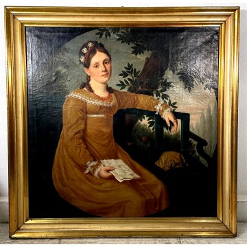 QUADRO DIPINTO OLIO TELA RITRATTO ROMANTICO GIOVANE NOBILDONNA EPOCA 800