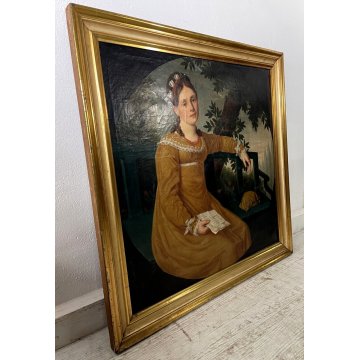 QUADRO DIPINTO OLIO TELA RITRATTO ROMANTICO GIOVANE NOBILDONNA EPOCA 800