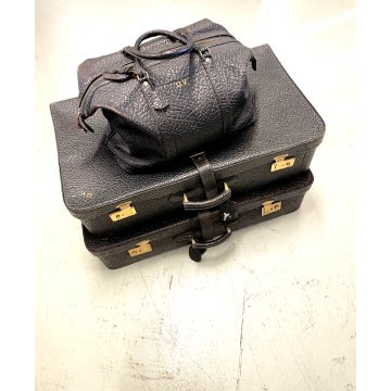 SET VIAGGIO LUSSO 2 VALIGIE 1 BORSONE VINTAGE BLACK LEATHER LUGGAGE ANNI '40