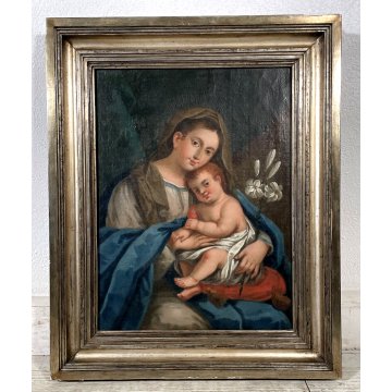 ANTICO DIPINTO OLIO MADONNA del Giglio GESU BAMBINO MATERNITA' RELIGIOSO '600