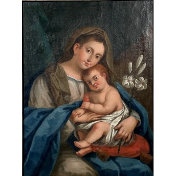 ANTICO DIPINTO OLIO MADONNA del Giglio GESU BAMBINO MATERNITA' RELIGIOSO '600