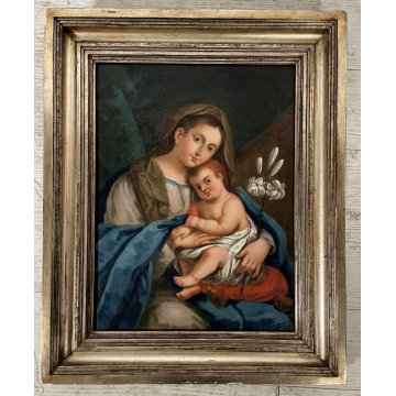 ANTICO DIPINTO OLIO MADONNA del Giglio GESU BAMBINO MATERNITA' RELIGIOSO '600