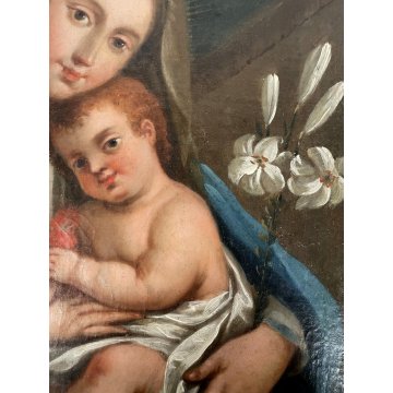 ANTICO DIPINTO OLIO MADONNA del Giglio GESU BAMBINO MATERNITA' RELIGIOSO '600
