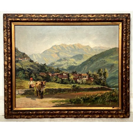 QUADRO DIPINTO A. Polaroli PAESAGGIO CONTADINA PASCOLO LAGO COMO 800