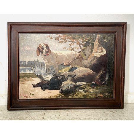 GRANDE QUADRO CACCIA ANGELO BARBERIS TORINO 1884 SELVAGGINA CANE PAESAGGIO OLD