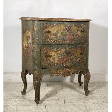ANTICO COMODINO CREDENZA LACCA VENEZIANA 1700 DIPINTO A MANO GAMBE ARCATE EPOCA