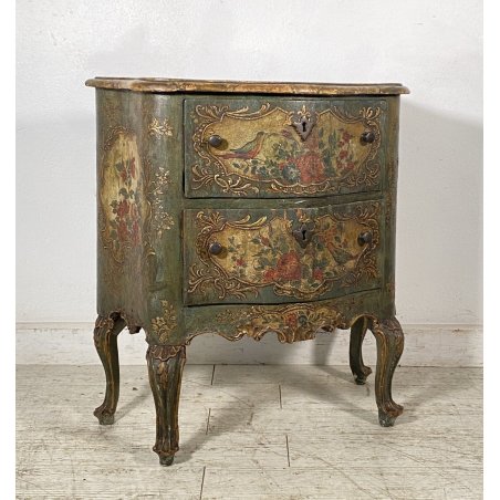 ANTICO COMODINO CREDENZA LACCA VENEZIANA 1700 DIPINTO A MANO GAMBE ARCATE EPOCA