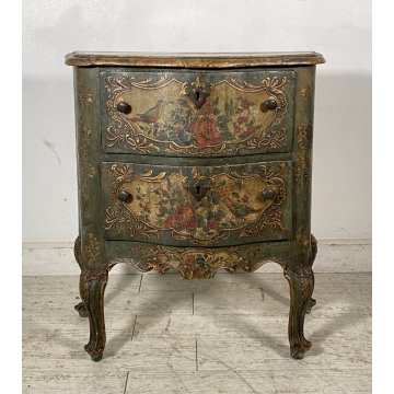 ANTICO COMODINO CREDENZA LACCA VENEZIANA 1700 DIPINTO A MANO GAMBE ARCATE EPOCA