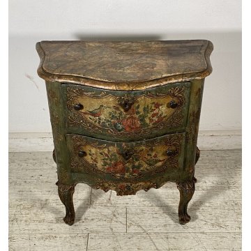 ANTICO COMODINO CREDENZA LACCA VENEZIANA 1700 DIPINTO A MANO GAMBE ARCATE EPOCA