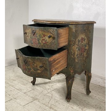ANTICO COMODINO CREDENZA LACCA VENEZIANA 1700 DIPINTO A MANO GAMBE ARCATE EPOCA