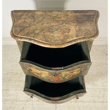 ANTICO COMODINO CREDENZA LACCA VENEZIANA 1700 DIPINTO A MANO GAMBE ARCATE EPOCA