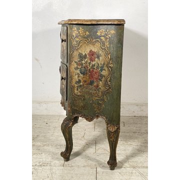 ANTICO COMODINO CREDENZA LACCA VENEZIANA 1700 DIPINTO A MANO GAMBE ARCATE EPOCA