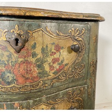 ANTICO COMODINO CREDENZA LACCA VENEZIANA 1700 DIPINTO A MANO GAMBE ARCATE EPOCA