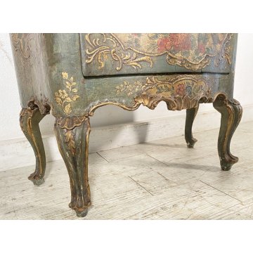 ANTICO COMODINO CREDENZA LACCA VENEZIANA 1700 DIPINTO A MANO GAMBE ARCATE EPOCA