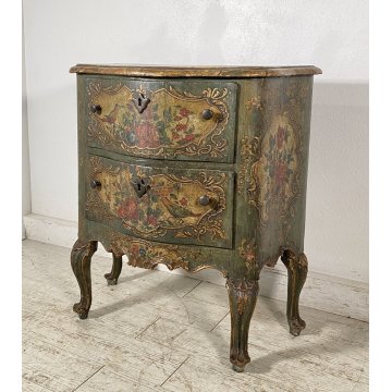 ANTICO COMODINO CREDENZA LACCA VENEZIANA 1700 DIPINTO A MANO GAMBE ARCATE EPOCA