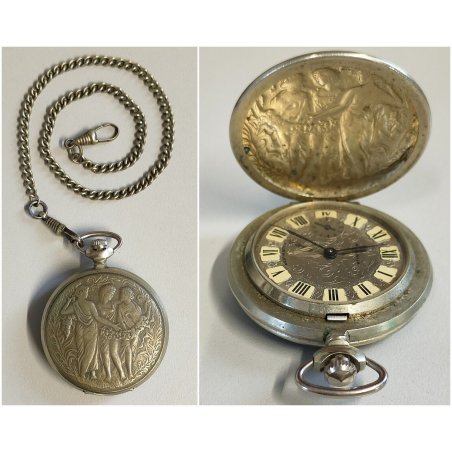 ANTICO OROLOGIO TASCA Molnija USSR + catena OLD POCKET WATCH epoca LIBERTY