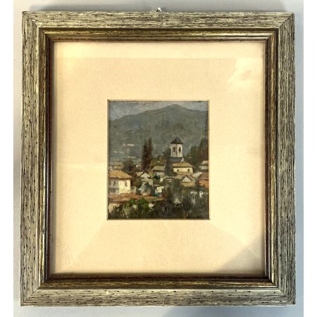 PICCOLO QUADRO DIPINTO OLIO G. Caramella PAESAGGIO VEDUTA Lago d' Orta CAMPANILE