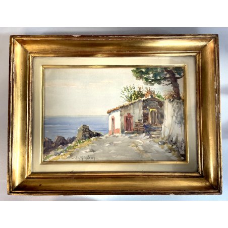 QUADRO DIPINTO ACQUERELLO Lily Giachery PAESAGGIO MARINA SICILIA '900