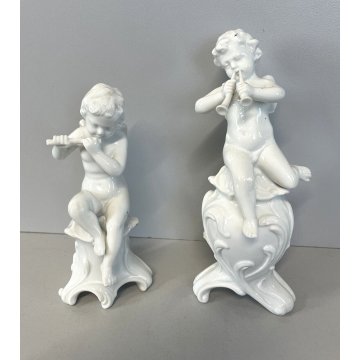 COPPIA PUTTI CAPODIMONTE RICHARD GINORI CERAMICA ANGIOLETTI FLAUTO CORNETTI '900