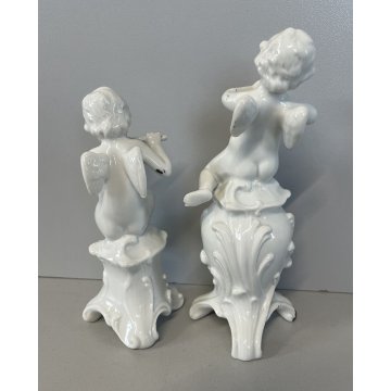 COPPIA PUTTI CAPODIMONTE RICHARD GINORI CERAMICA ANGIOLETTI FLAUTO CORNETTI '900