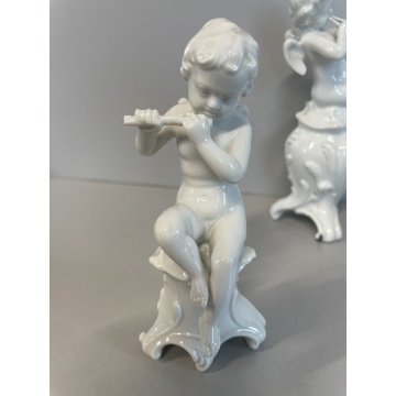 COPPIA PUTTI CAPODIMONTE RICHARD GINORI CERAMICA ANGIOLETTI FLAUTO CORNETTI '900