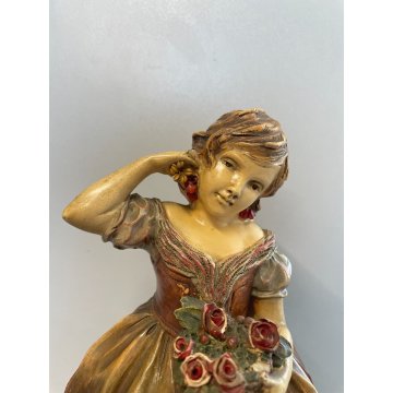 Pannunzio ANTICA SCULTURA TERRACOTTA SMALTATA DAMA FIORI statua ceramica DONNA