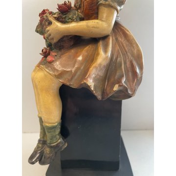Pannunzio ANTICA SCULTURA TERRACOTTA SMALTATA DAMA FIORI statua ceramica DONNA
