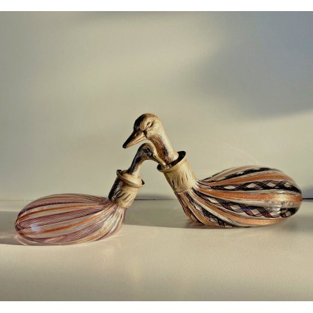 COPPIA BOTTIGLIA ANATRA PAPERA DUCK VETRO MURANO ZANFIRICO TAPPO ARGENTO 800