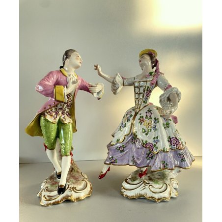 ANTICA COPPIA SCULTURA STATUA PORCELAINE FIGURE DANZANTI SCENA GALANTE FRANCE