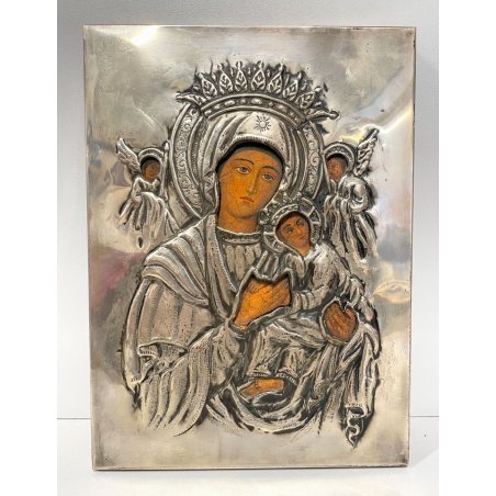 ICONA RELIGIOSA MADONNA con GESU' ANGELI LAMINA ARGENTO '800 LEGNO ARTE SACRA